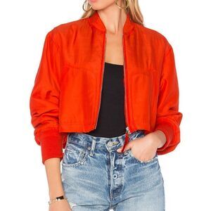 T by Alexander Wang Orange Silk Cropped Bomber Jacket Size 4